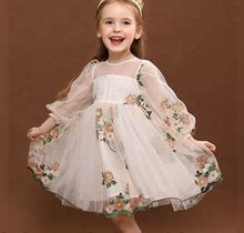 Kids Little Girls' Dress Jacquard Tulle Dress Wedding Embroidered Blushing Pink White Tulle Knee-Length Long Sleeve Princess Sweet Dresses Spring & Su