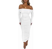 PRETTYGARDEN Women's Fall Off Shoulder Maxi Bodycon Dress Long Sleeve Ruched Fitted Club Dresses With Slit
