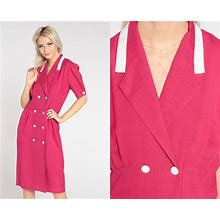 Pink Button Up Dress 80S Midi Dress Double Breasted Pencil Dress Retro Collared V Neck Preppy Secretary Short Sleeve Vintage 1980S Small S 6