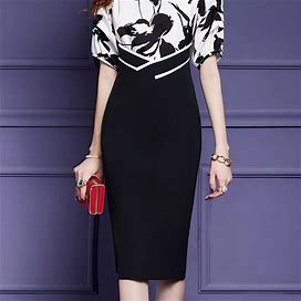 Floral Print Colorblock V-Neck Bodycon, Women's Elegant Short Sleeve Women's Clothing Bodycon Dress,Black,Must-Have,Temu