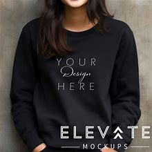 Black Gildan 18000 Sweatshirt Mockup, G180 Sweat Shirt Mocks, Casual Crewneck Pullover Mock Up, Trendy Woman Model, Graphic Clothing Mockups