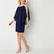 MSK 3/4 Sleeve Embellished Cape Sheath Dress | Blue | Womens Small | Dresses Sheath Dresses | Rhinestones|Stretch Fabric|Embellished | Spring Fashion