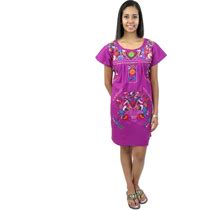 Mexican Dress Puebla Short Mini Summer Dress | For Women Sizes S-XL | Multi Color Hand Embroidery Electric Purple (Size: Small) | By Leos Imports
