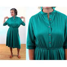 70S Teal Midi Dress M, Vintage Green Pleated Elastic Waist Retro Polyester Jersey Boho 1970S Shirtdress, Medium