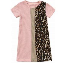 Mialoley Little Girls Summer Dress, Short Sleeve Crew Neck Leopard Ribbed Patchwork Dress, Girls Knee-Length Casual One-Piece