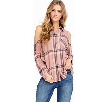Ambiance Women's Juniors Shoulder Cut Out Fitted Plaid Shirt