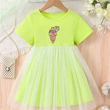 Cartoon Ice Cream Print Dress, Sweet Short Sleeve Tutu Dress Mesh Dress For Girls Summer Party,Yellow,Customer-Favorite,Temu
