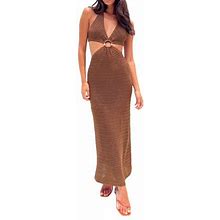 Qiylii Women Crochet Knit Maxi Dresses Y2K Hollow Out Long Dresses Halter Neck Bodycon Dress Retro Summer Beachwear