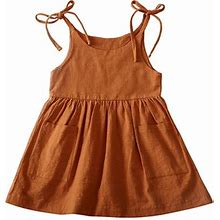 Zmhegw Dresses For Toddler Girls Kids Soild Cotton Linen Pockets Sleeveless Beach Straps Princess Clothes Dress