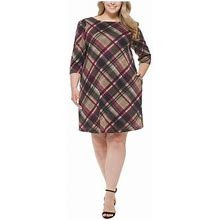 Jessica Howard Womens Burgundy Lined Pocketed Keyhole Back Pullover Plaid 3/4 Sleeve Round Neck Knee Length Fit + Flare Dress Plus 3X