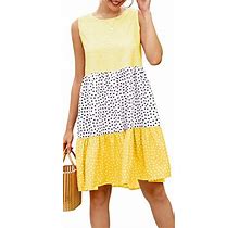 Amysister Women's Casual Sleeveless Colorblock Stripe Polka Dot Tiered Flowy Dress M Yellow