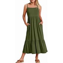 Finelylove Woman Summer Dresses Petite Summer Dresses V-Neck Solid Sleeveless Peplum Army Green