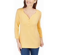 Karen Scott Petite 3/4-Sleeve Henley Shirt, Created For Macy's - Citron Aura - Size P/XXL