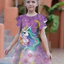 3D Unicorn Graphic Dress Girls Cute Comfy Short Sleeve Dresses Party Gift Summer,Violet,Trending,Temu