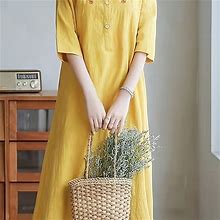 Floral & Embroidered Print Rayon Dress, Women's Floral Pattern Applique Button Front Casual Mock Neck Half Women's Clothing,Yellow,Must-Have,Temu