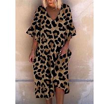 Lym New Summer Fashion Women Loose Boho Elegant Dress Large Big Party Ruffle Sleeve Leopard Print Dresses Yellow S