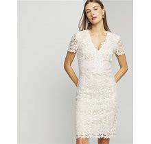 Women's Short Sleeve V-Neck Lace Sheath Dress In Ecru White Size 16 | White House Black Market