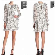 Sam Edelman Dresses | Sam Edelman Silky Ruffled Fleck Print Dress 8 | Color: Black/White | Size: 8