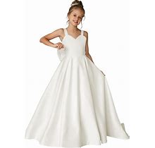 JISISANG Long Satin Flower Girl Wedding Dress Bridesmaid A-Line Party Dresses For Girls Princess Backless Pageant Prom Gown