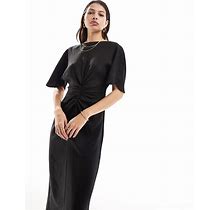 ASOS DESIGN Flutter Sleeve Midi Dress With Ruching Detail In Black - Black (Size: 8)