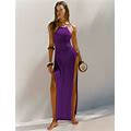 Knit Halterneck Backless Maxi Dress - See-Through Slits Cover-Up Purple / S
