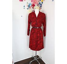 80S TARA LYNNE Red Secretary Shirt Dress With Pockets - Vintage 1980S 1990S Abstract Floral Midi Dress - S/M