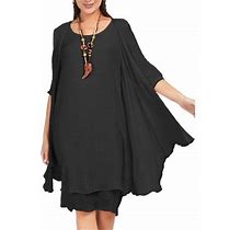 Mecala Women Summer Plus Size Dress 3/4 Short Sleeve Loose Casual Midi Dress With Necklace,Black,XL