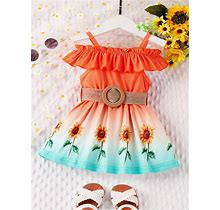 Baby Girl Sunflower Print Off Shoulder Dress With Waist Belt,2-3Y