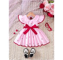 Baby Girls' Cherry Print Doll Collar A-Line Dress With Bowknot Decoration, Spring/Summer,2-3Y