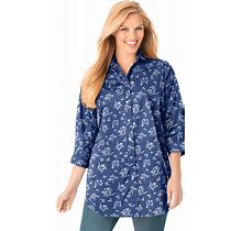 Plus Size Women's Perfect Three Quarter Sleeve Shirt By Woman Within In Royal Navy Linear Floral (Size 3X)