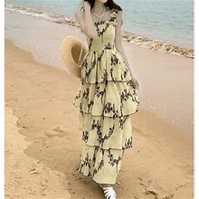 Retro Cascading Ruffles Flower Print Yellow Cake Midi Dresses Summer Ladies Special Design Camisole Clothing Mujer