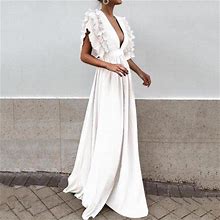 Women Wrap V Neck Ruffle Sleeve Tiered Midi Dress Tie Waist A Line Long Party Dress Women's Formal Dress White S