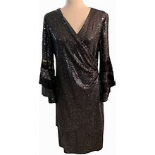 R&M Richards Dresses | R&M Richards Short Evening Dress Metallic Black Wrap Neck With Rhinestone Accent | Color: Black | Size: 14