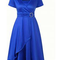 Solid Color V-Neck Asymmetrical Hem Dress, Women's Elegant Skinny Tie Waist Women's Clothing Dress For Party,Blue,Must-Have,Temu