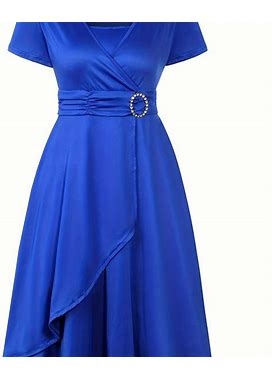 Solid Color V-Neck Asymmetrical Hem Dress, Women's Elegant Skinny Tie Waist Women's Clothing Dress For Party,Blue,All-New,Temu