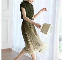 Pleated Long Dress Korean Short Sleeve Elastic Waist Maxi For Women