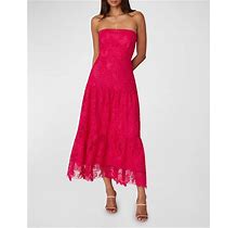 Shoshanna Strapless Tiered Floral Lace Midi Dress, Magenta, Women's, 8, Cocktail & Party Wedding Guest Dresses Strapless Dresses