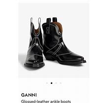 Ganni NIB Western Ankle Boots Size 37 (7) US Black Sheen Leather Retail $545