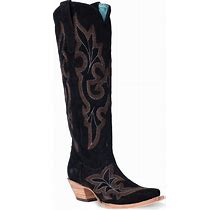 Corral Boots Womens Suede Tooled-Inlay Tall Snip Toe Casual Boots Knee High Mid Heel 2-3" - Black