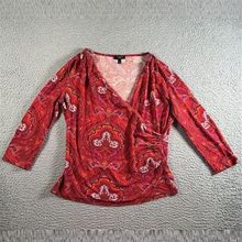 Talbots Blouse Womens Small Petite Red Paisley Faux Wrap Long Sleeve V