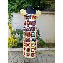 Crochet Granny Square Dress For Women, Handmade Granny Square Dress, Crochet Maxi Dress, Hippie Dress, Summer Dress, Colorful Dress