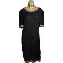 Laurence Kazar Dresses | Vintage 80S Laurence Kazar Dress Sequined Beaded Black Gold Sz Large L | Color: Black/Gold | Size: L