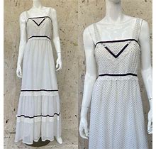 Vintage 1970S White Boho Sun Dress Swiss Dot Maxi, Small | Color: Blue/White | Size: S