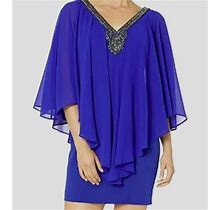 $99 Marina Women's Blue Beaded Cape Overlay Zip Back Mini Party Dress Size 6