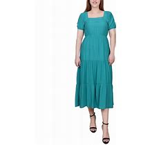 Ny Collection Petite Short Sleeve Tiered Midi Dress - Teal - Size PM
