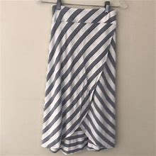 Athleta Long Skirt Gray White Stripe Pull On Faux Wrap Style Split