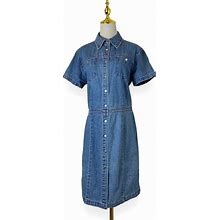 Carolina Blues Dresses | Vintage 90S Carolina Blue Jean Denim Short Sleeve Snap Button Midi Dress- Medium | Color: Blue | Size: M