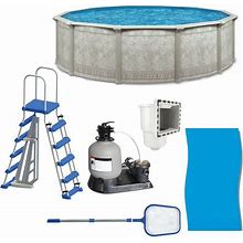 Aquarian Khaki Venetian Above Ground Pool Kit With Sand Filter And Pump, A-Frame Ladder, And Swimming Pool Maintenance Supplies