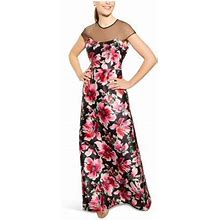 Adrianna Papell Womens Black Sheer Floral Cap Sleeve Illusion Neckline Full-Length Evening Sheath Dress 0