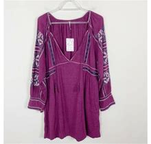 Free People Purple Embroidered Boho Deep V-Neck Tassel Mini Dress Size